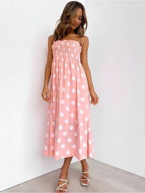 Petal + Pup Tie Strap Smocked Polka Dot Midi Dress Size US 4 Pink and White